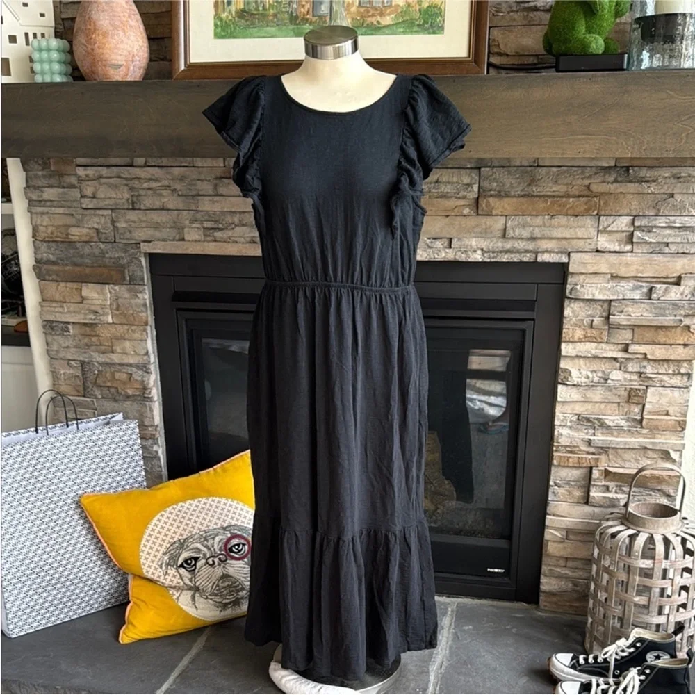 J. Crew Black Ruffle Sleeve Maxi Dress